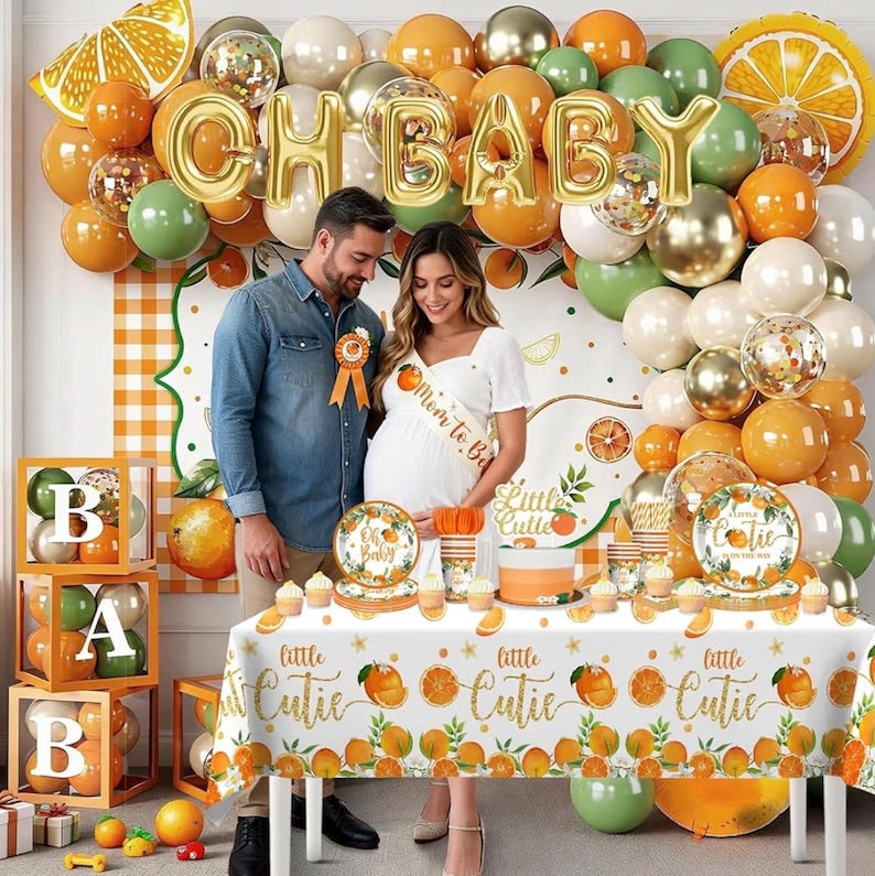 279 PCS A Little Cutie Is On The Way Decorations, All-in-One Orange Baby Shower Party Pack With Balloon, Backdrop, Plates and Napkins