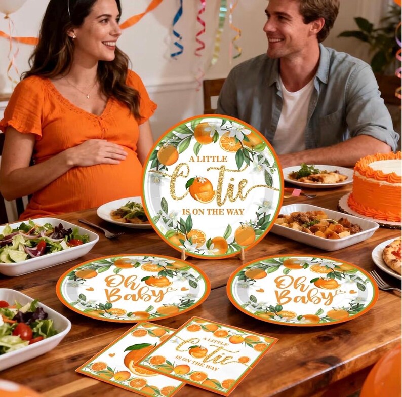 279 PCS A Little Cutie Is On The Way Decorations, All-in-One Orange Baby Shower Party Pack With Balloon, Backdrop, Plates and Napkins