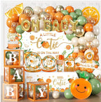 279 PCS A Little Cutie Is On The Way Decorations, All-in-One Orange Baby Shower Party Pack With Balloon, Backdrop, Plates and Napkins