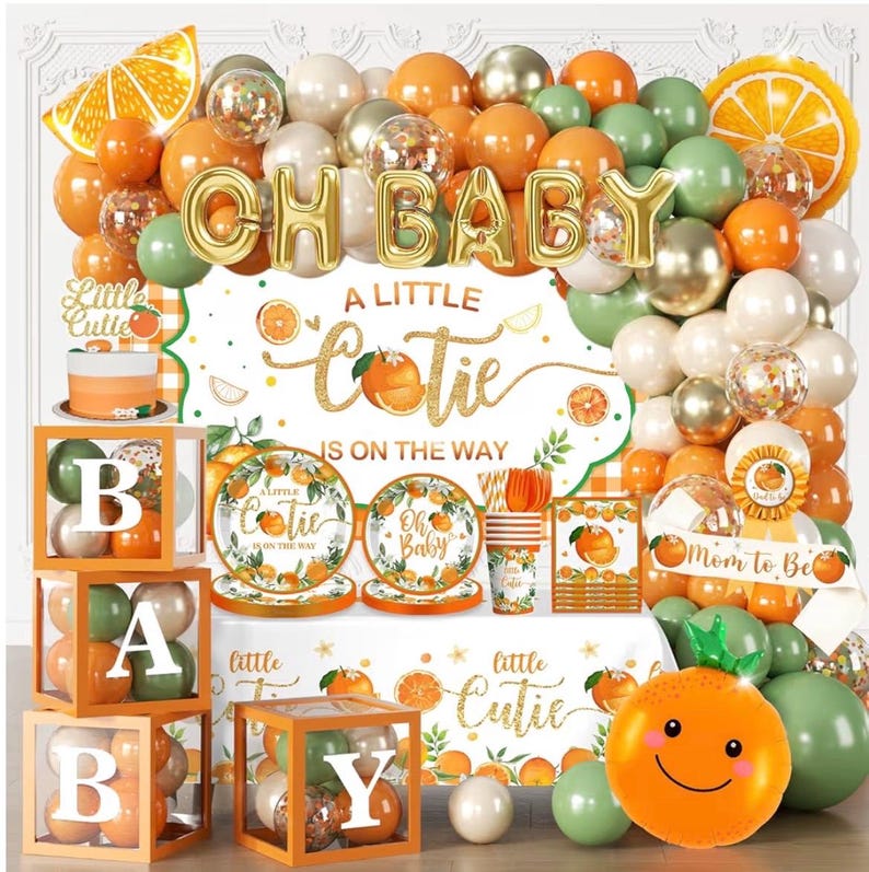 279 PCS A Little Cutie Is On The Way Decorations, All-in-One Orange Baby Shower Party Pack With Balloon, Backdrop, Plates and Napkins