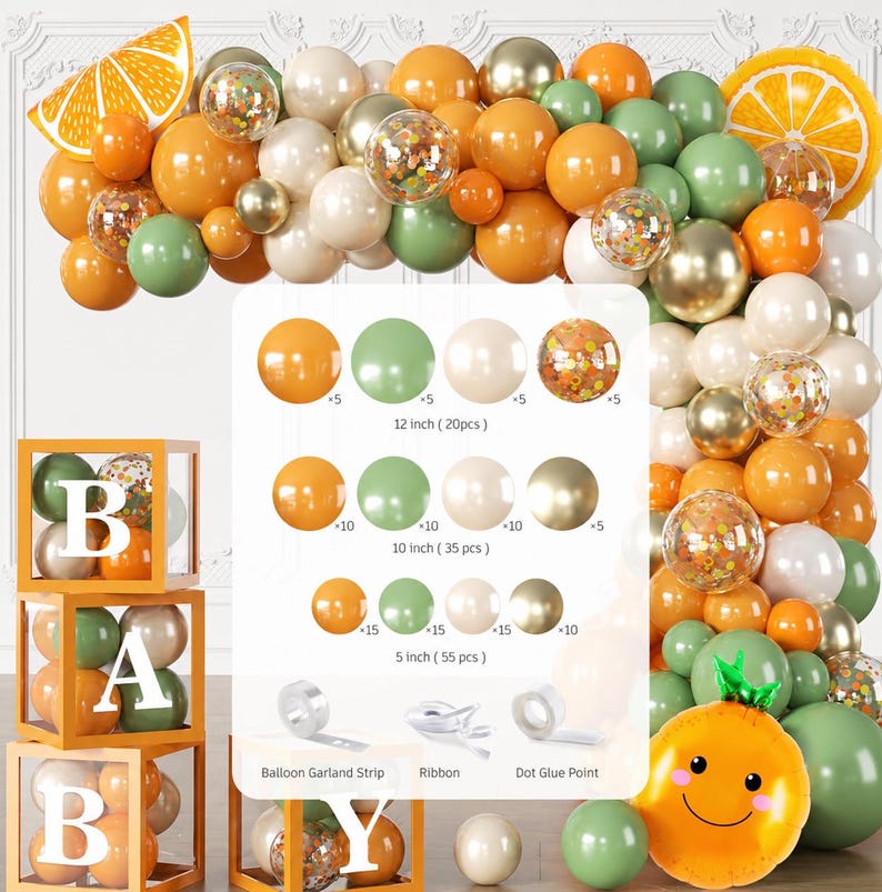 279 PCS A Little Cutie Is On The Way Decorations, All-in-One Orange Baby Shower Party Pack With Balloon, Backdrop, Plates and Napkins