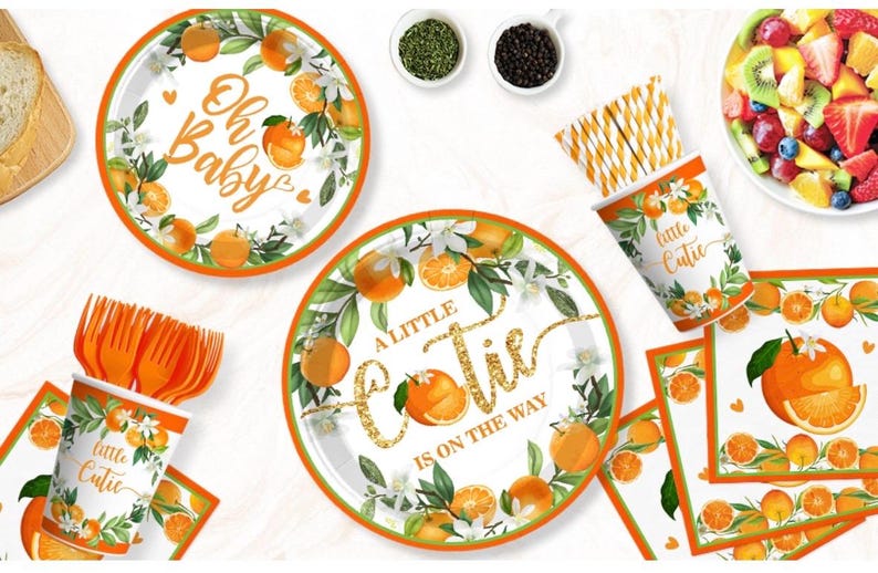 279 PCS A Little Cutie Is On The Way Decorations, All-in-One Orange Baby Shower Party Pack With Balloon, Backdrop, Plates and Napkins