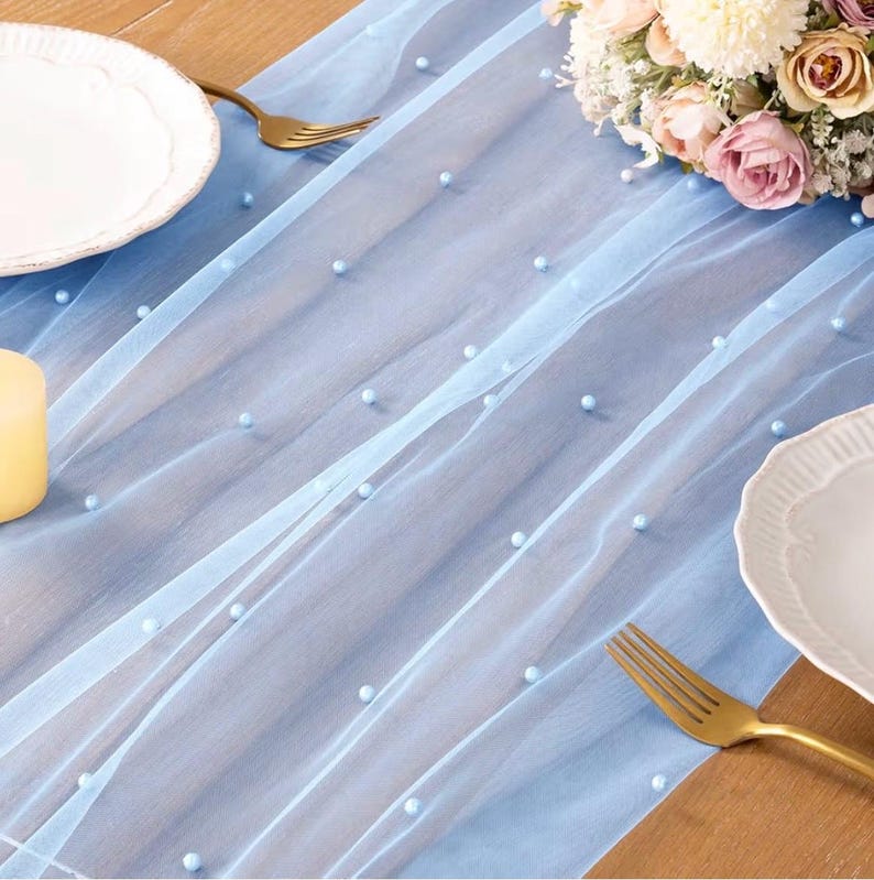 Pearl Table Runner Tulle Blue Summer Cheesecloth 10FT Gauze Cheese Cloth Sheer Chiffon Dining Wedding Birthday Party Baby Shower Bridal