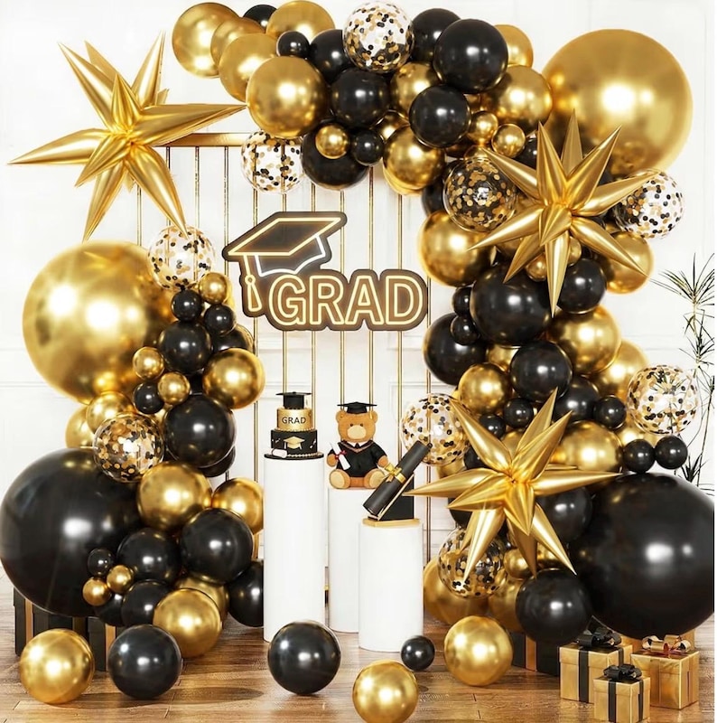 Black and Gold Balloons Arch Kit with Black Gold Confetti Balloons for 2026 Graduation Decorations Class Grad Men Birthday Party Prom Retire
