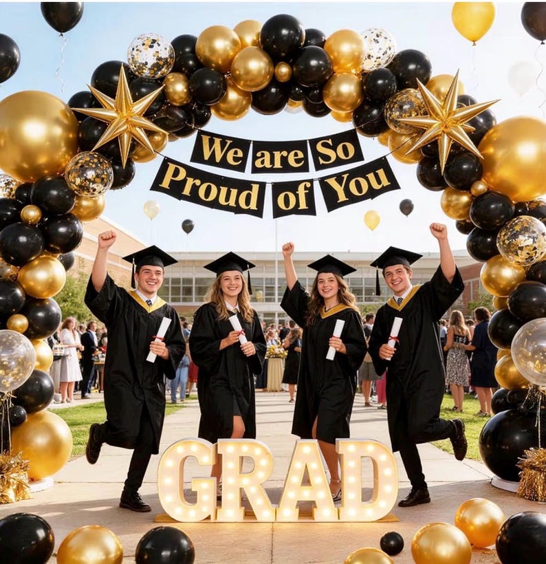 Black and Gold Balloons Arch Kit with Black Gold Confetti Balloons for 2026 Graduation Decorations Class Grad Men Birthday Party Prom Retire