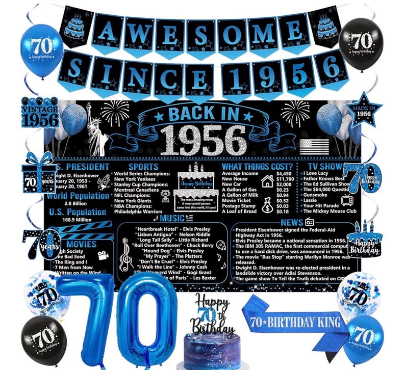 Back in 1956 Birthday Decorations for Men, Black Blue 70th Birthday Party Supplies, Back in 1956 Poster Backdrop Banner, Sash,  70 Years Old