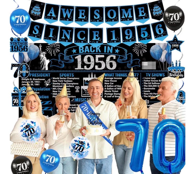 Back in 1956 Birthday Decorations for Men, Black Blue 70th Birthday Party Supplies, Back in 1956 Poster Backdrop Banner, Sash,  70 Years Old