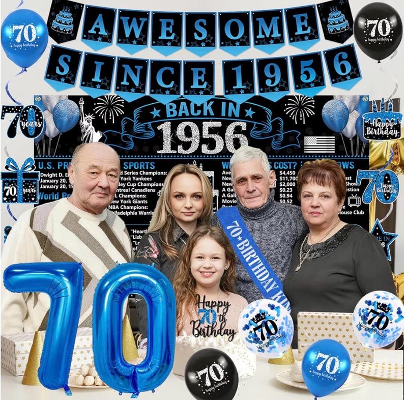 Back in 1956 Birthday Decorations for Men, Black Blue 70th Birthday Party Supplies, Back in 1956 Poster Backdrop Banner, Sash,  70 Years Old