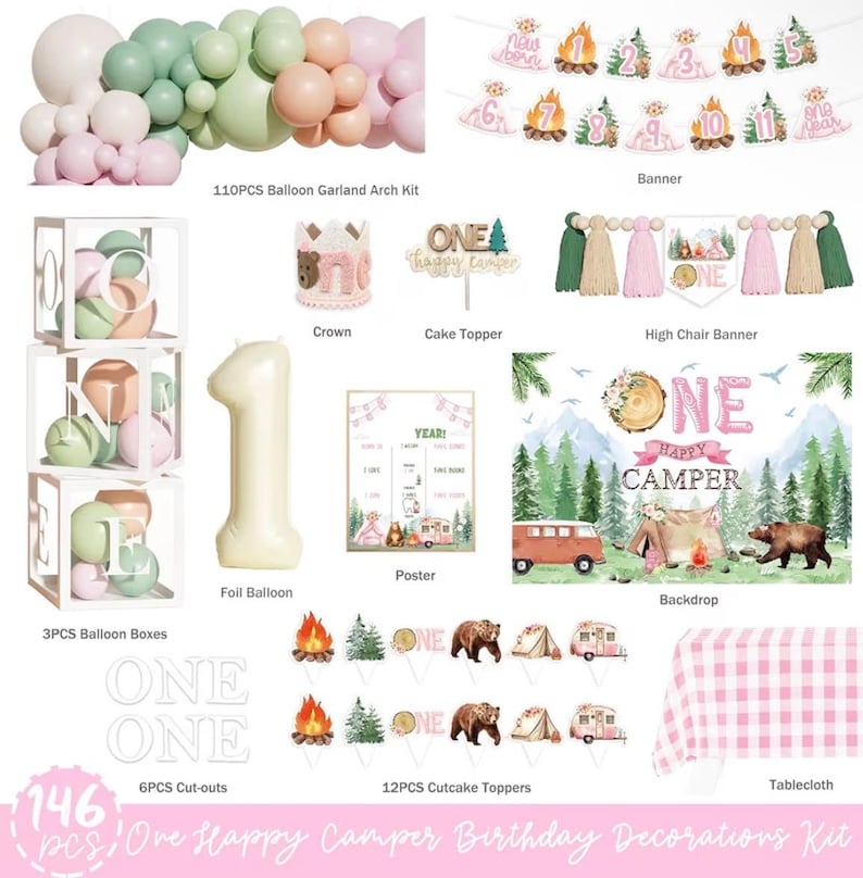 One Happy Camper Birthday Decorations,Pink Camping 1st Party Supplies with Backdrop, Balloon Garland, Cake Topper,Crown,Girls First Birthday
