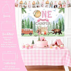 One Happy Camper Birthday Decorations,Pink Camping 1st Party Supplies with Backdrop, Balloon Garland, Cake Topper,Crown,Girls First Birthday