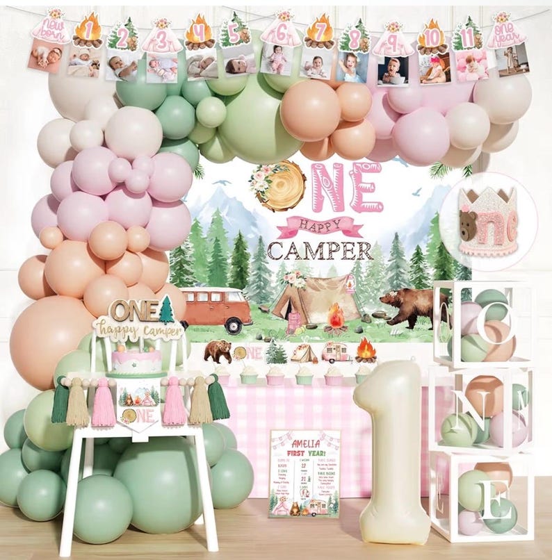 One Happy Camper Birthday Decorations,Pink Camping 1st Party Supplies with Backdrop, Balloon Garland, Cake Topper,Crown,Girls First Birthday