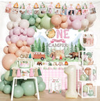One Happy Camper Birthday Decorations,Pink Camping 1st Party Supplies with Backdrop, Balloon Garland, Cake Topper,Crown,Girls First Birthday