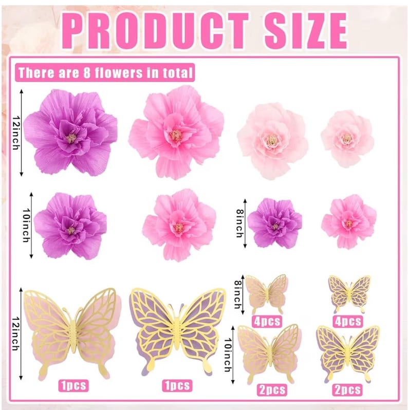 22Pcs 3 Sizes Large Butterfly Party Decorations 3D Giant Pastel Flowers Decors 2 Layer Paper Butterfly 12" 10" 8" Paper Flowers for Birthday