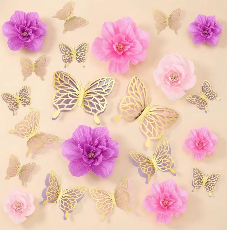 22Pcs 3 Sizes Large Butterfly Party Decorations 3D Giant Pastel Flowers Decors 2 Layer Paper Butterfly 12" 10" 8" Paper Flowers for Birthday