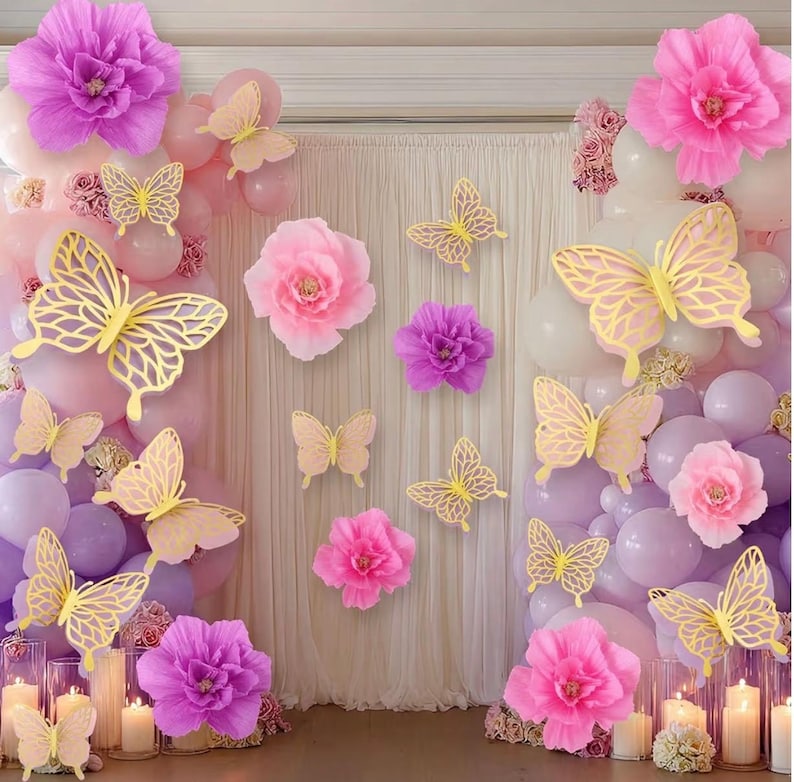 22Pcs 3 Sizes Large Butterfly Party Decorations 3D Giant Pastel Flowers Decors 2 Layer Paper Butterfly 12" 10" 8" Paper Flowers for Birthday