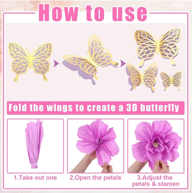 22Pcs 3 Sizes Large Butterfly Party Decorations 3D Giant Pastel Flowers Decors 2 Layer Paper Butterfly 12" 10" 8" Paper Flowers for Birthday