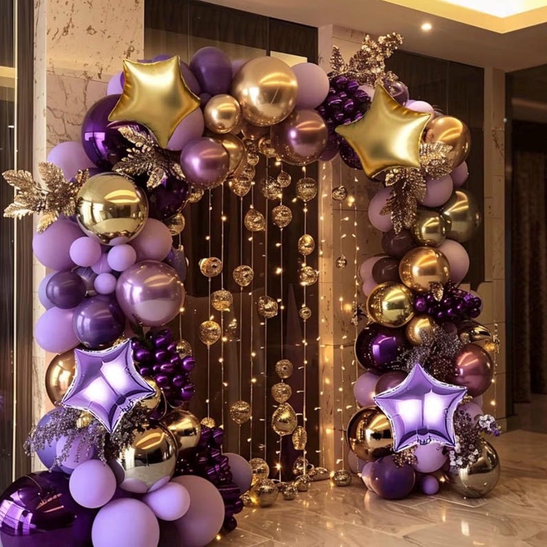 Dusty Purple and Gold Balloon Garland Arch Kit, 160Pcs Dusty Purple Light Purple Gold Latex Balloons with Star Foil Balloons for Graduation