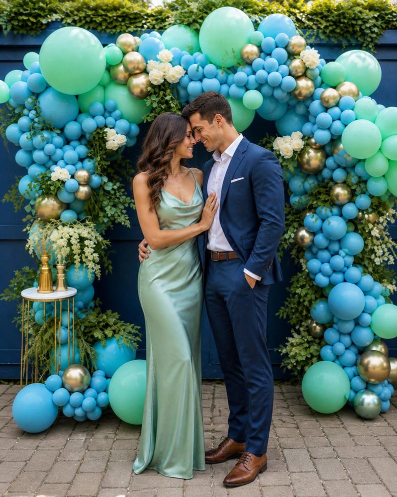 Teal Mint Gold Balloon Garland Kit, Blue Green Balloon Arch, Baby Shower Birthday Party Decorations, Elegant Photo Backdrop