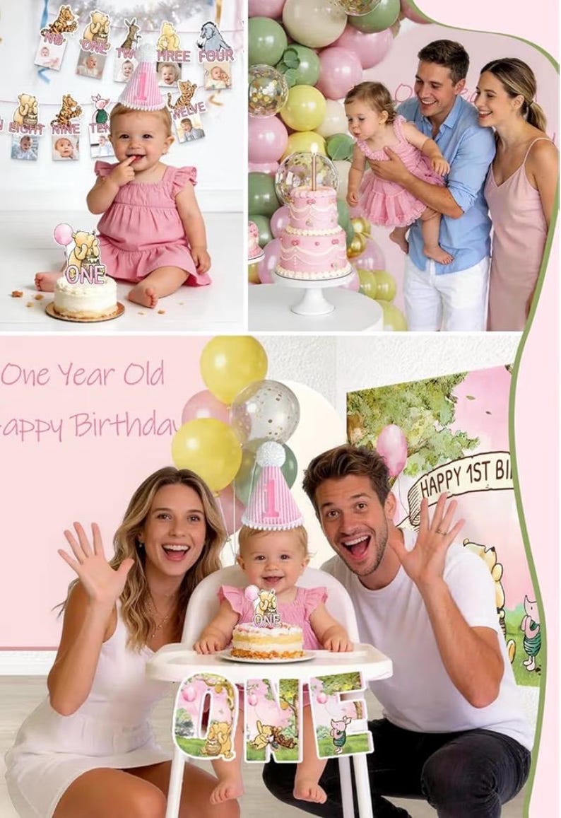 273 PCS Bear 1st Birthday Decorations, All-in-One Baby Girl 1st Birthday Decorations Set with Plates, Napkins, Serves 25, 2 Tablecloths