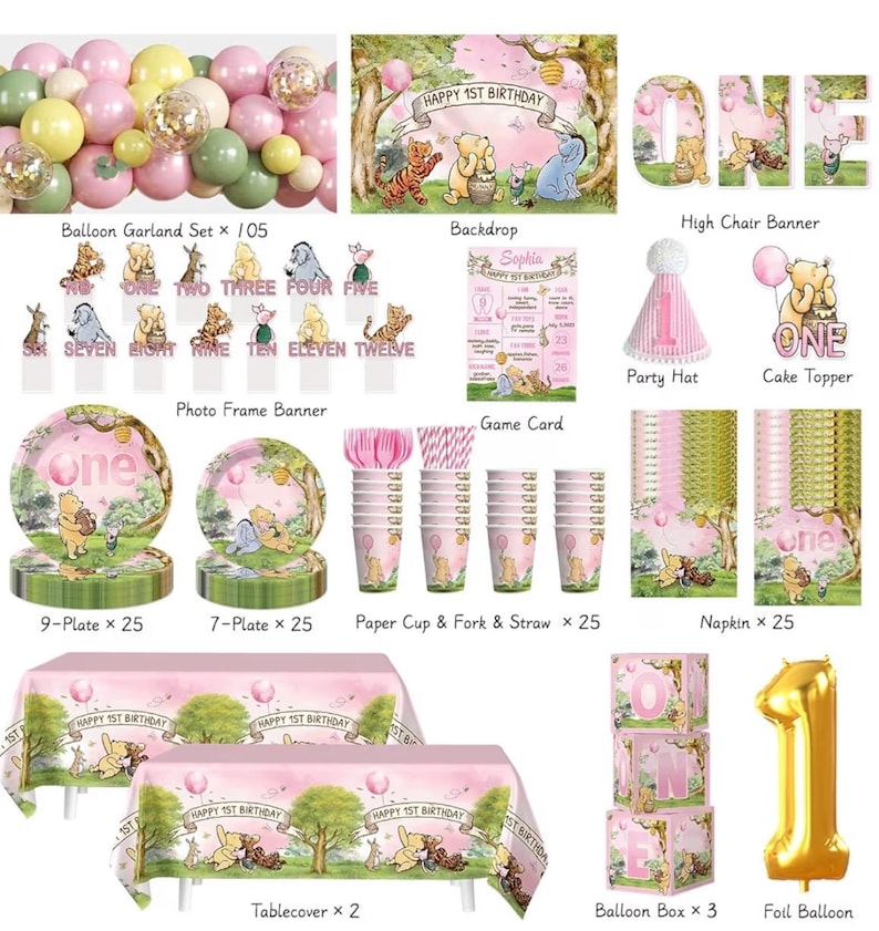 273 PCS Bear 1st Birthday Decorations, All-in-One Baby Girl 1st Birthday Decorations Set with Plates, Napkins, Serves 25, 2 Tablecloths