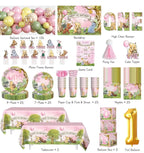 273 PCS Bear 1st Birthday Decorations, All-in-One Baby Girl 1st Birthday Decorations Set with Plates, Napkins, Serves 25, 2 Tablecloths