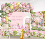 273 PCS Bear 1st Birthday Decorations, All-in-One Baby Girl 1st Birthday Decorations Set with Plates, Napkins, Serves 25, 2 Tablecloths