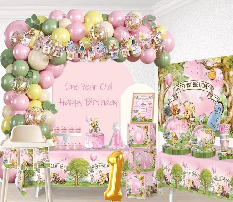 273 PCS Bear 1st Birthday Decorations, All-in-One Baby Girl 1st Birthday Decorations Set with Plates, Napkins, Serves 25, 2 Tablecloths