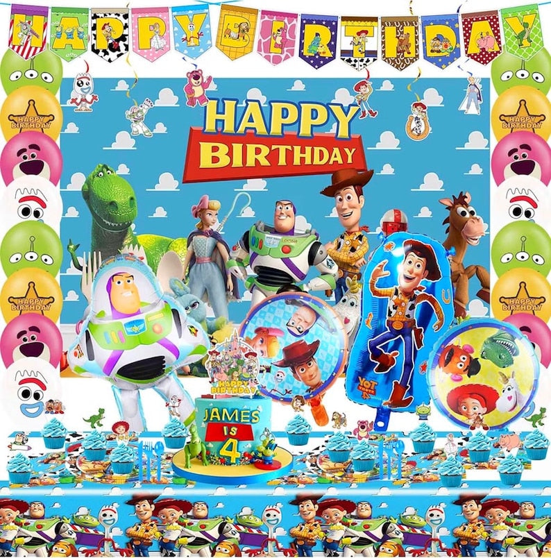 Cartoon Birthday Decorations, Cartoon Party Supplies - Happy Birthday Banner Balloons Plates Backdrop Cake Toppers Tablecloth Hanging Swirls