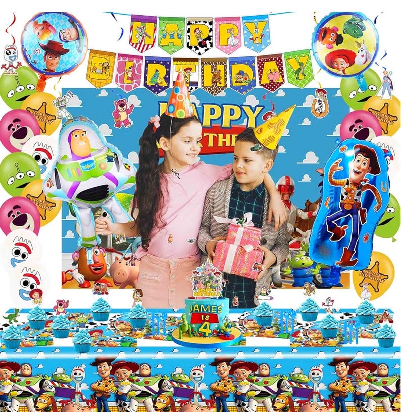 Cartoon Birthday Decorations, Cartoon Party Supplies - Happy Birthday Banner Balloons Plates Backdrop Cake Toppers Tablecloth Hanging Swirls