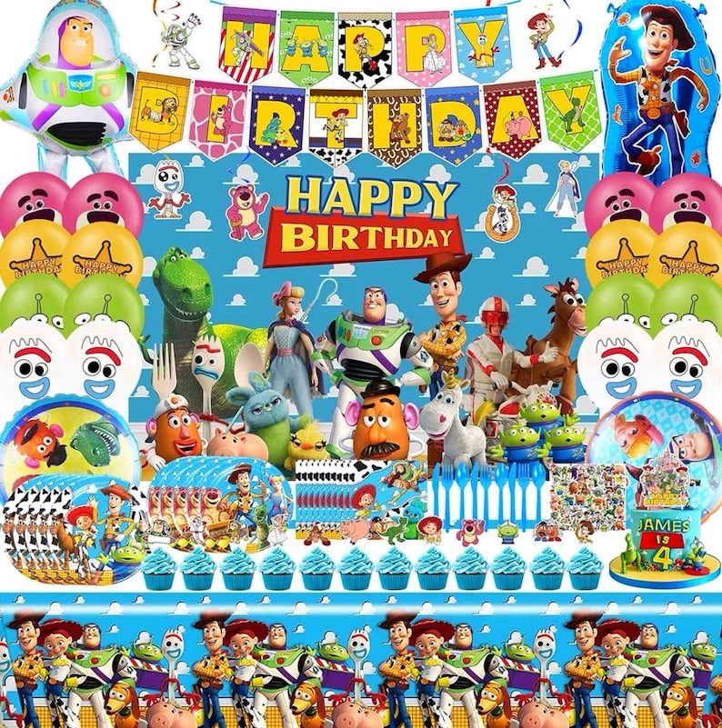 Cartoon Birthday Decorations, Cartoon Party Supplies - Happy Birthday Banner Balloons Plates Backdrop Cake Toppers Tablecloth Hanging Swirls