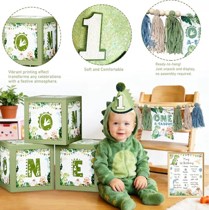 One a Saurus Birthday Decorations, Dinosaur 1st Birthday Party Supplies with One-A-Saurus Backdrop, Balloon Garland, Highchair Banner, Boxes
