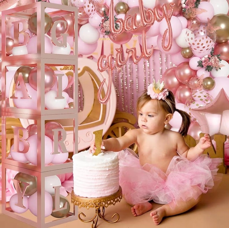 134pcs Rose Gold Balloons Baby Shower Decorations for Girl Baby Boxes, Butterfly Stickers Balloon Garland Arch Kit Baby Box with Letter