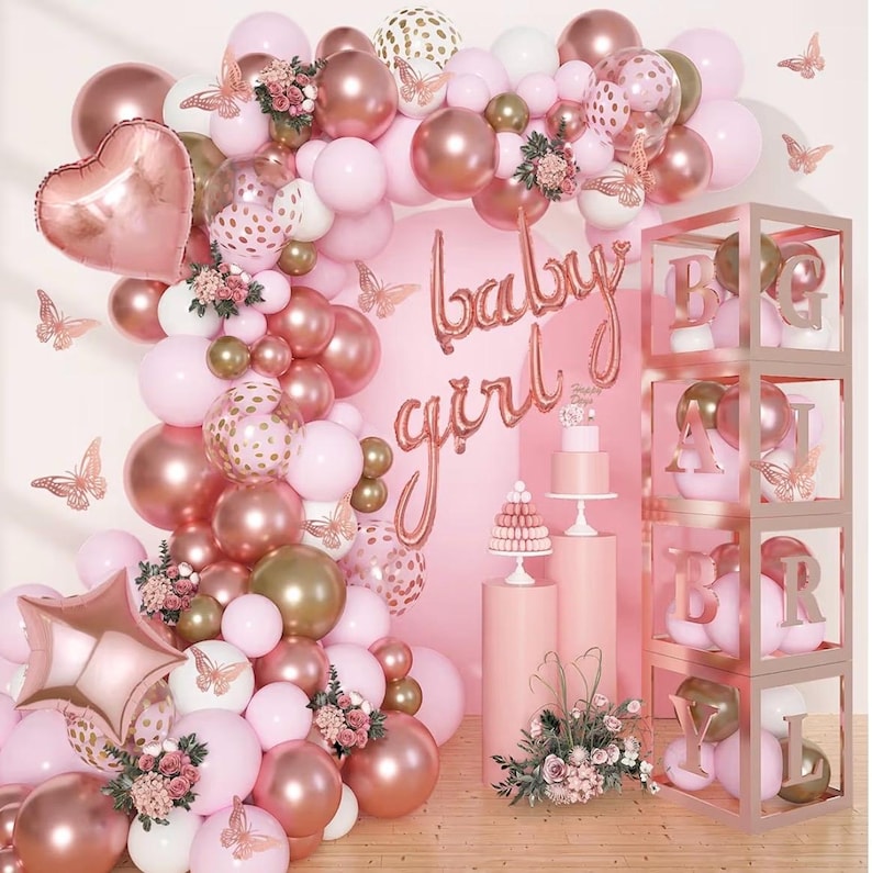 134pcs Rose Gold Balloons Baby Shower Decorations for Girl Baby Boxes, Butterfly Stickers Balloon Garland Arch Kit Baby Box with Letter