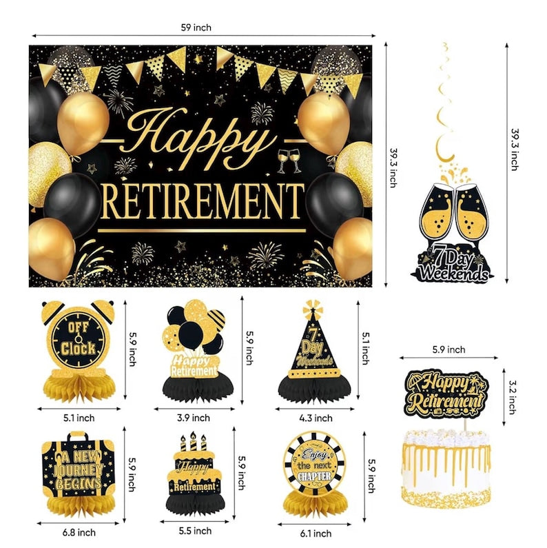 Retirement Party Decorations for Men Women Black Gold Happy Retirement Banner Backdrop Balloons Paper Pompoms Honeycomb Centerpiece