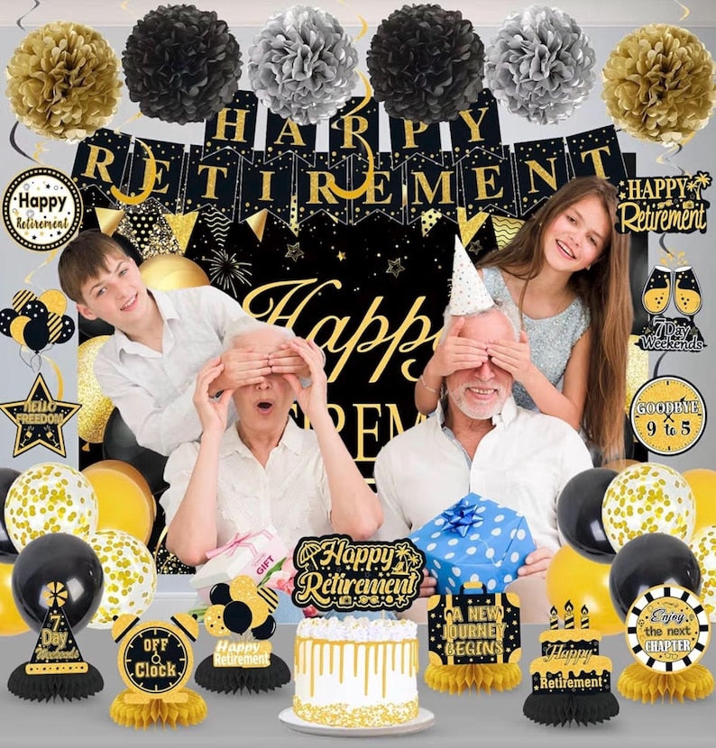 Retirement Party Decorations for Men Women Black Gold Happy Retirement Banner Backdrop Balloons Paper Pompoms Honeycomb Centerpiece