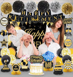 Retirement Party Decorations for Men Women Black Gold Happy Retirement Banner Backdrop Balloons Paper Pompoms Honeycomb Centerpiece