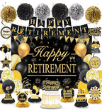 Retirement Party Decorations for Men Women Black Gold Happy Retirement Banner Backdrop Balloons Paper Pompoms Honeycomb Centerpiece