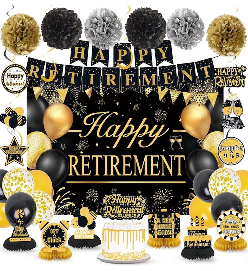 Retirement Party Decorations for Men Women Black Gold Happy Retirement Banner Backdrop Balloons Paper Pompoms Honeycomb Centerpiece