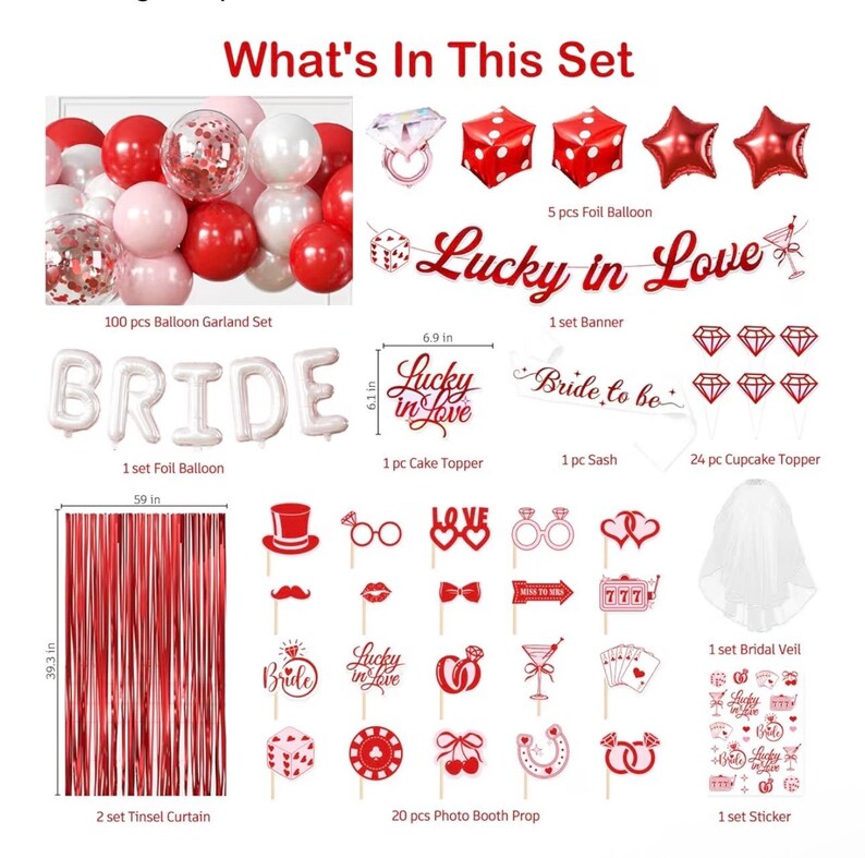 161 Pcs Lucky in Love Bachelorette Decorations, Complete One-Stop Red Bachelorette Party Supplies With Banner, Balloon, Fringe Curtains
