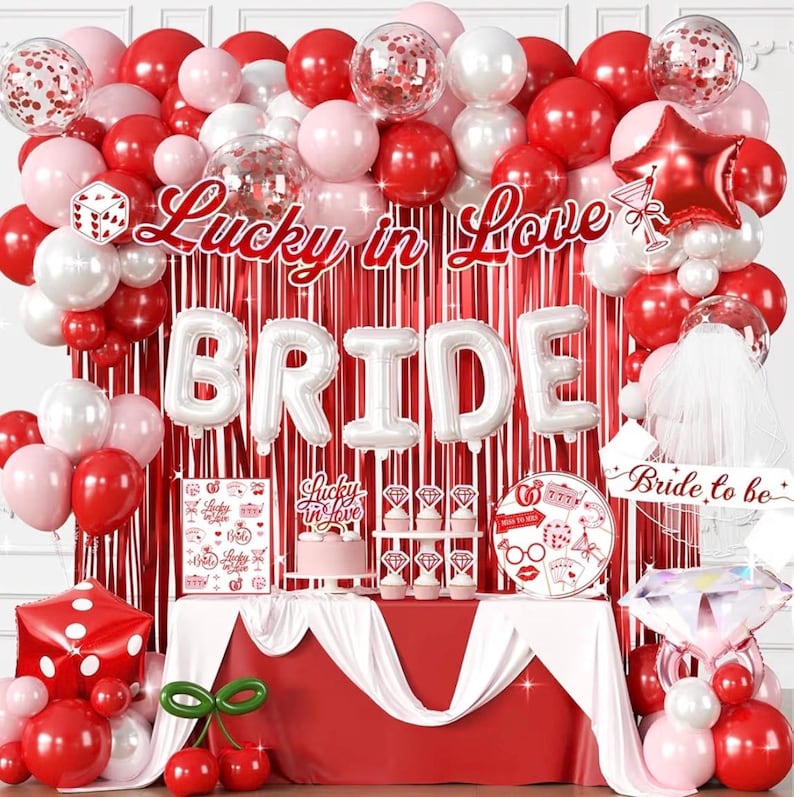 161 Pcs Lucky in Love Bachelorette Decorations, Complete One-Stop Red Bachelorette Party Supplies With Banner, Balloon, Fringe Curtains