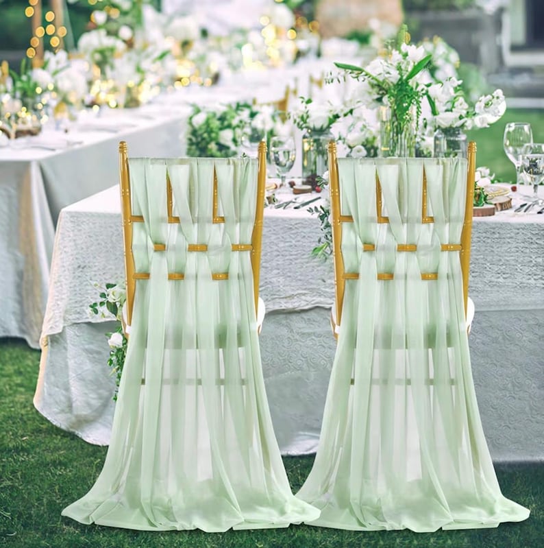 Sage Green Chair Sashes 16 Pack, 8ft Long Wedding Chair Drapes, Sheer Aisle Chair Decorations for Ceremony Reception