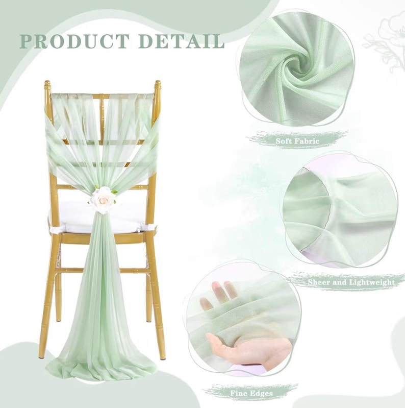 Sage Green Chair Sashes 16 Pack, 8ft Long Wedding Chair Drapes, Sheer Aisle Chair Decorations for Ceremony Reception