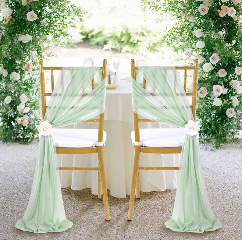 Sage Green Chair Sashes 16 Pack, 8ft Long Wedding Chair Drapes, Sheer Aisle Chair Decorations for Ceremony Reception