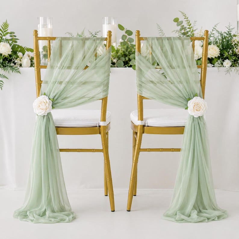 Sage Green Chair Sashes 16 Pack, 8ft Long Wedding Chair Drapes, Sheer Aisle Chair Decorations for Ceremony Reception