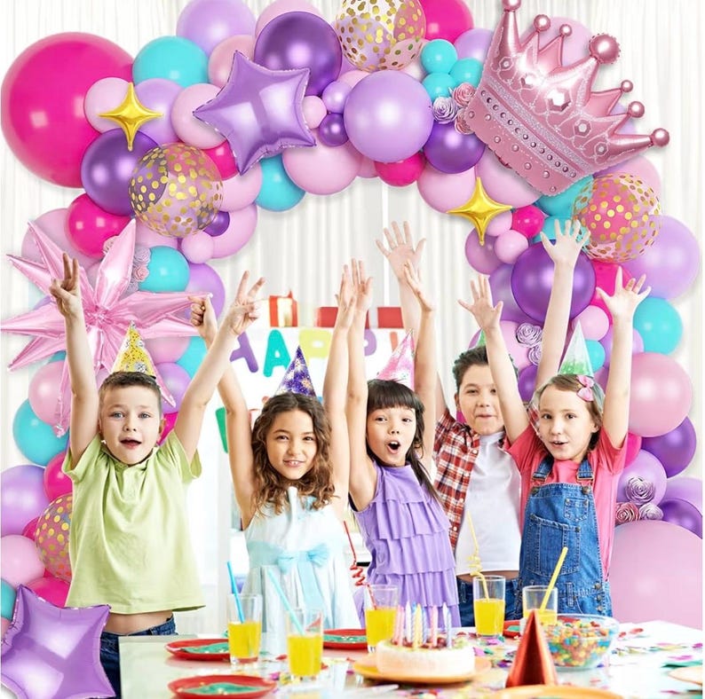 Princess Balloon Arch Kit, Hot Pink Purple Teal Balloon Garland with Crown Star Foil Balloons ,Girl Birthday Baby Shower Party Decorations