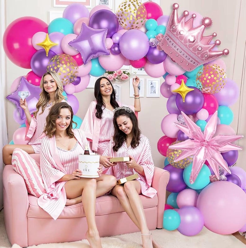 Princess Balloon Arch Kit, Hot Pink Purple Teal Balloon Garland with Crown Star Foil Balloons ,Girl Birthday Baby Shower Party Decorations