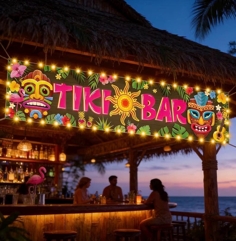 Hawaiian Tiki Party Decorations, Luau Tiki Banner Lighted Tiki Bar Sign for Summer Hawaii Aloha Moana Luau Party Decorations, Hanging Banner