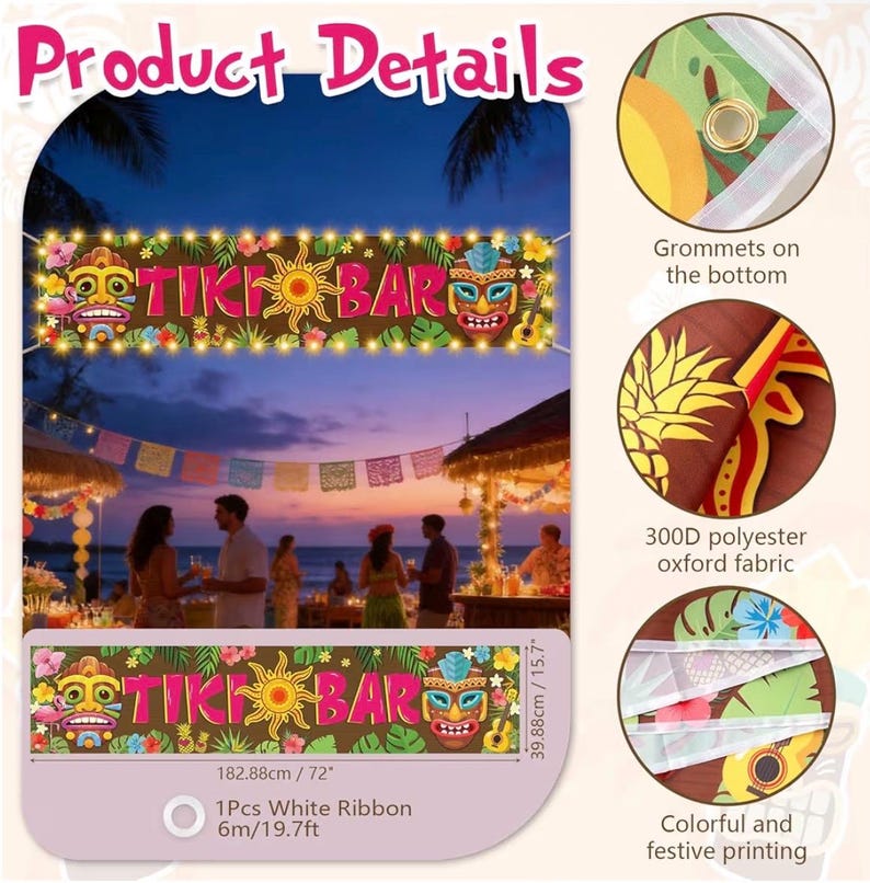 Hawaiian Tiki Party Decorations, Luau Tiki Banner Lighted Tiki Bar Sign for Summer Hawaii Aloha Moana Luau Party Decorations, Hanging Banner