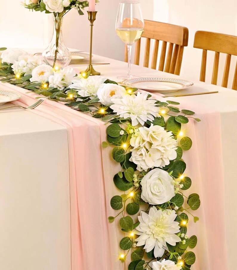 6 Ft Flower Garland with Lights, White Rose Floral Garland Fake Flowers for Wedding Arch Party Tables Backdrop Decor