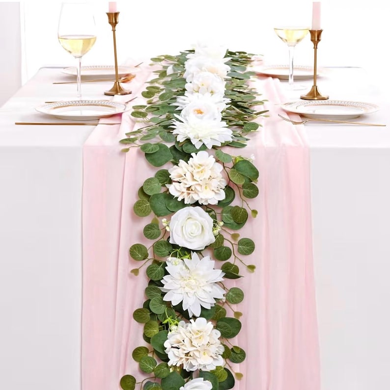 6 Ft Flower Garland with Lights, White Rose Floral Garland Fake Flowers for Wedding Arch Party Tables Backdrop Decor